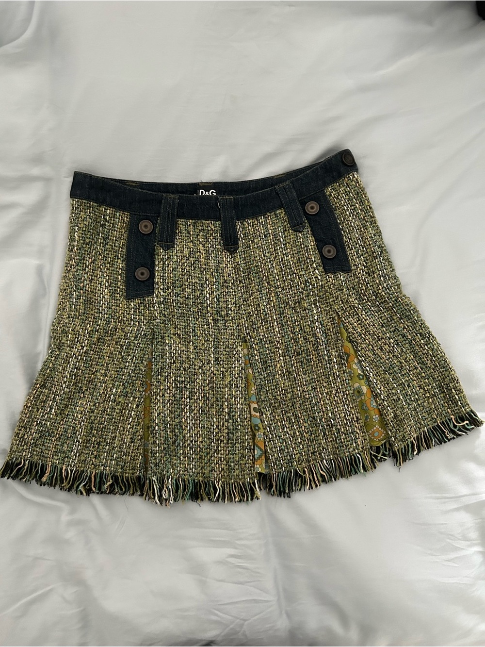 Dolce & Gabbana Green Tweed Mini Skirt with Blue Denim